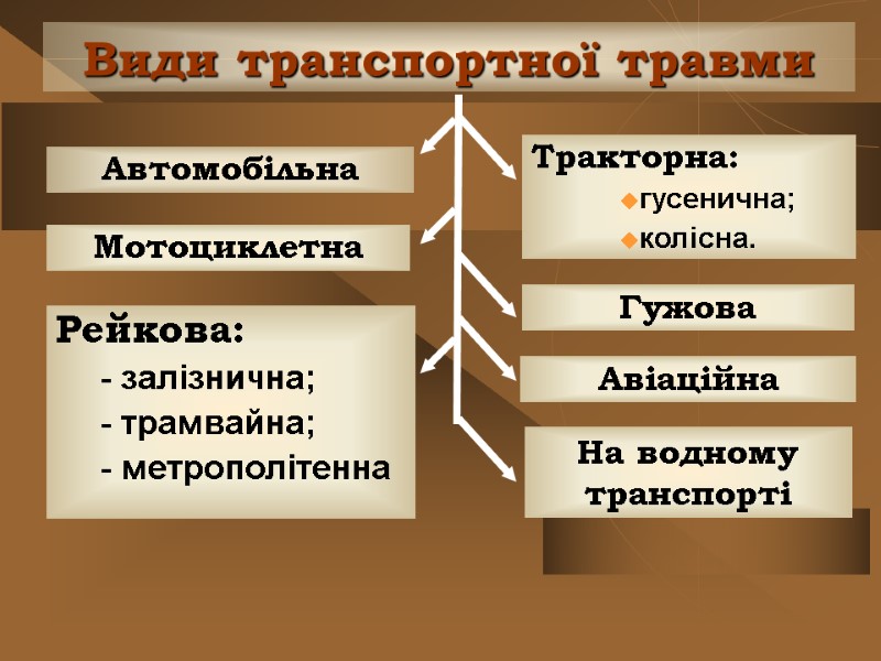 Види транспортної травми Автомобільна Мотоциклетна Рейкова: - залізнична; - трамвайна; - метрополітенна  Тракторна: